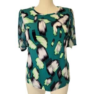 DKNY Green Abstract Print Short Sleeve Blouse Top Sz XL Office Business Casual